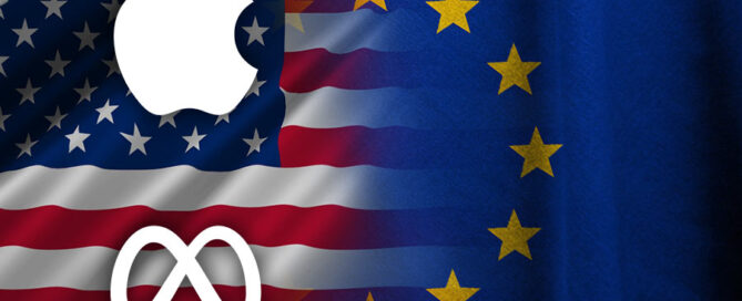 Image of the European Union flag with Apple, Meta logos
