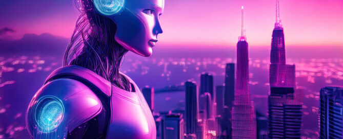 artificial intelligence robot pictured in front of an electronic cityscape