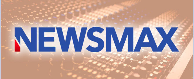 Newsmax logo with a controller in the background