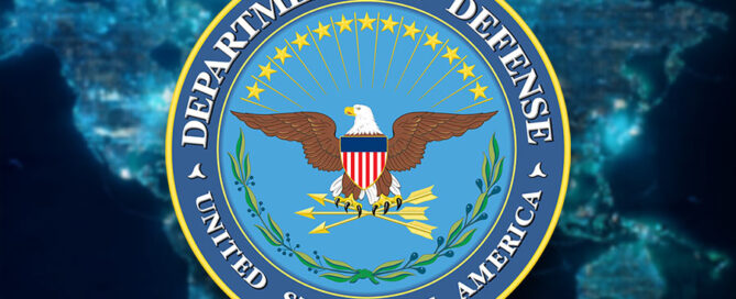 Department of Defense logo on top of a flat world map in blue