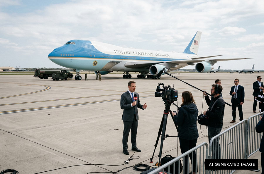 CNN Press Pool and Air Force One CNN Press Pool and Air Force One, 🎨 Illustration created Adobe Firefly