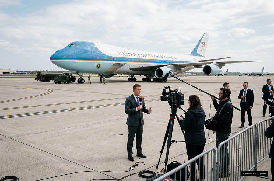 CNN Press Pool and Air Force One CNN Press Pool and Air Force One, 🎨 Illustration created Adobe Firefly