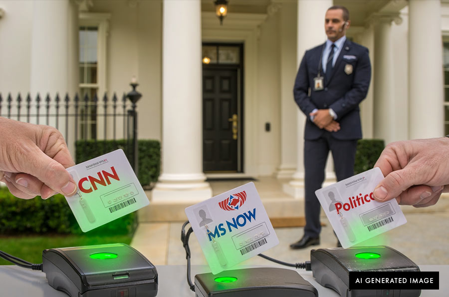 Press Credentials Scanned at White House CNN, MS NOW and Politico press credentials being canned at The White House, 🎨 Illustration created Adobe Firefly