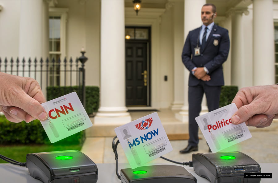 Press Credentials Scanned at White House CNN, MS NOW and Politico press credentials being canned at The White House, 🎨 Illustration created Adobe Firefly