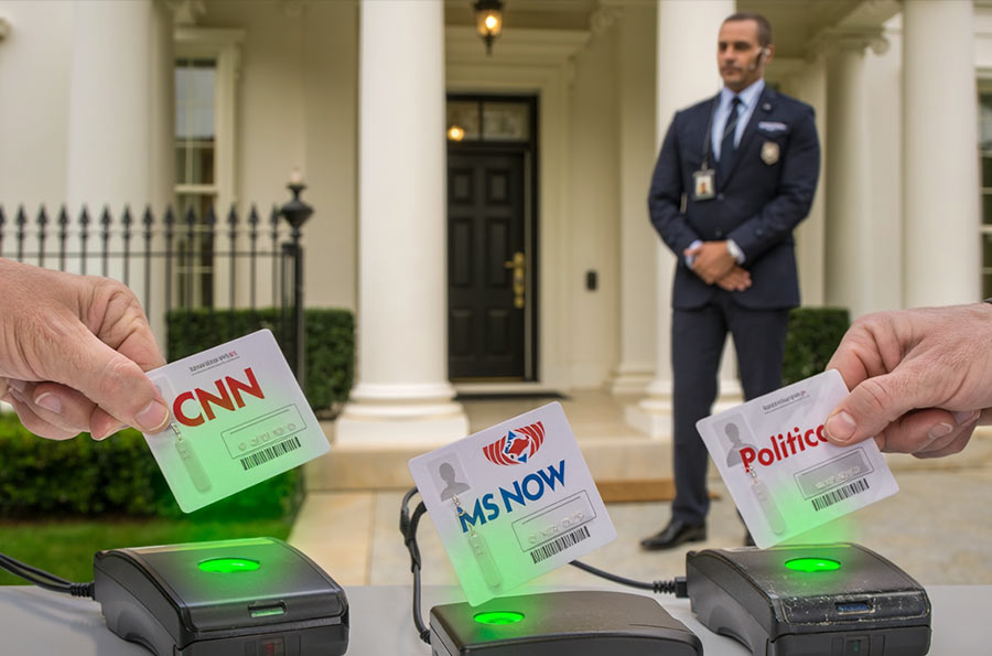 Press Credentials Scanned at White House CNN, MS NOW and Politico press credentials being canned at The White House, Created with AI